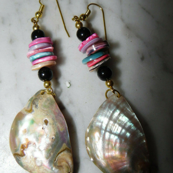 NEW~ABALONE~80'S~GOLD~STAINLESS~DANGLE EARRINGS - Picture 4 of 7